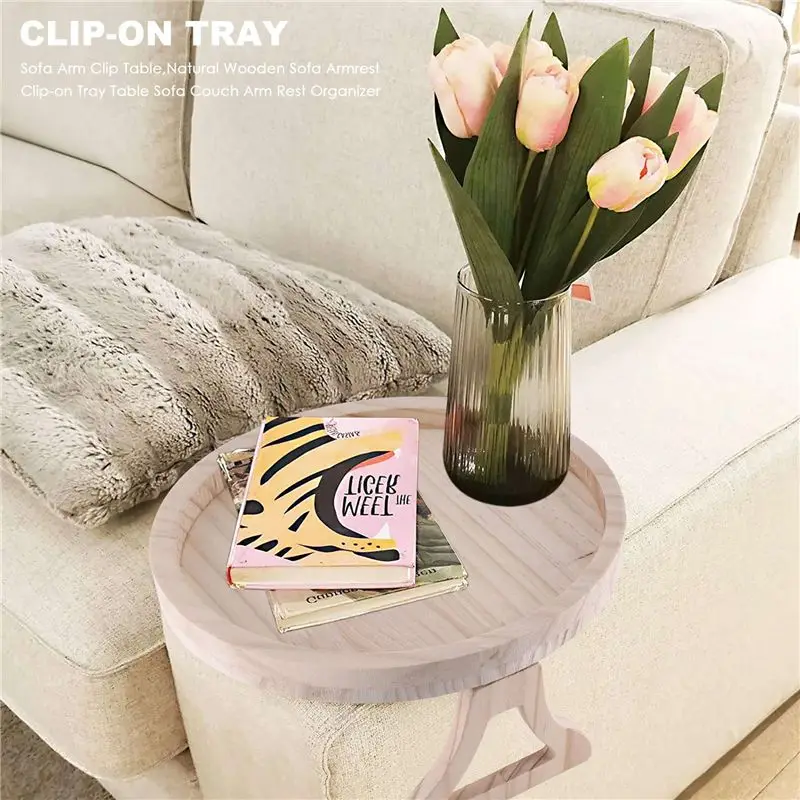 AT21-Sofa Clip Table,Natural Wooden Sofa Armrest Clip-On Tray Table Sofa Couch Rest Organizer, Round
