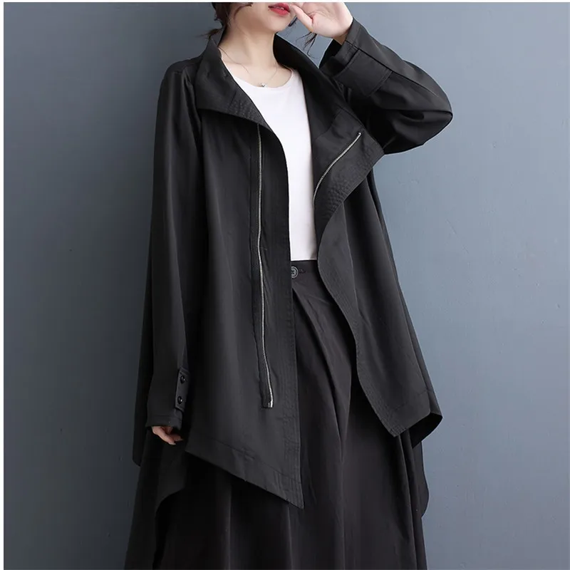 Women Black Irregular Pleated Big Size Trench Coat New Stand Collar Long Sleeve Loose Fit Blouse Tops Fashion Spring Autumn 2024