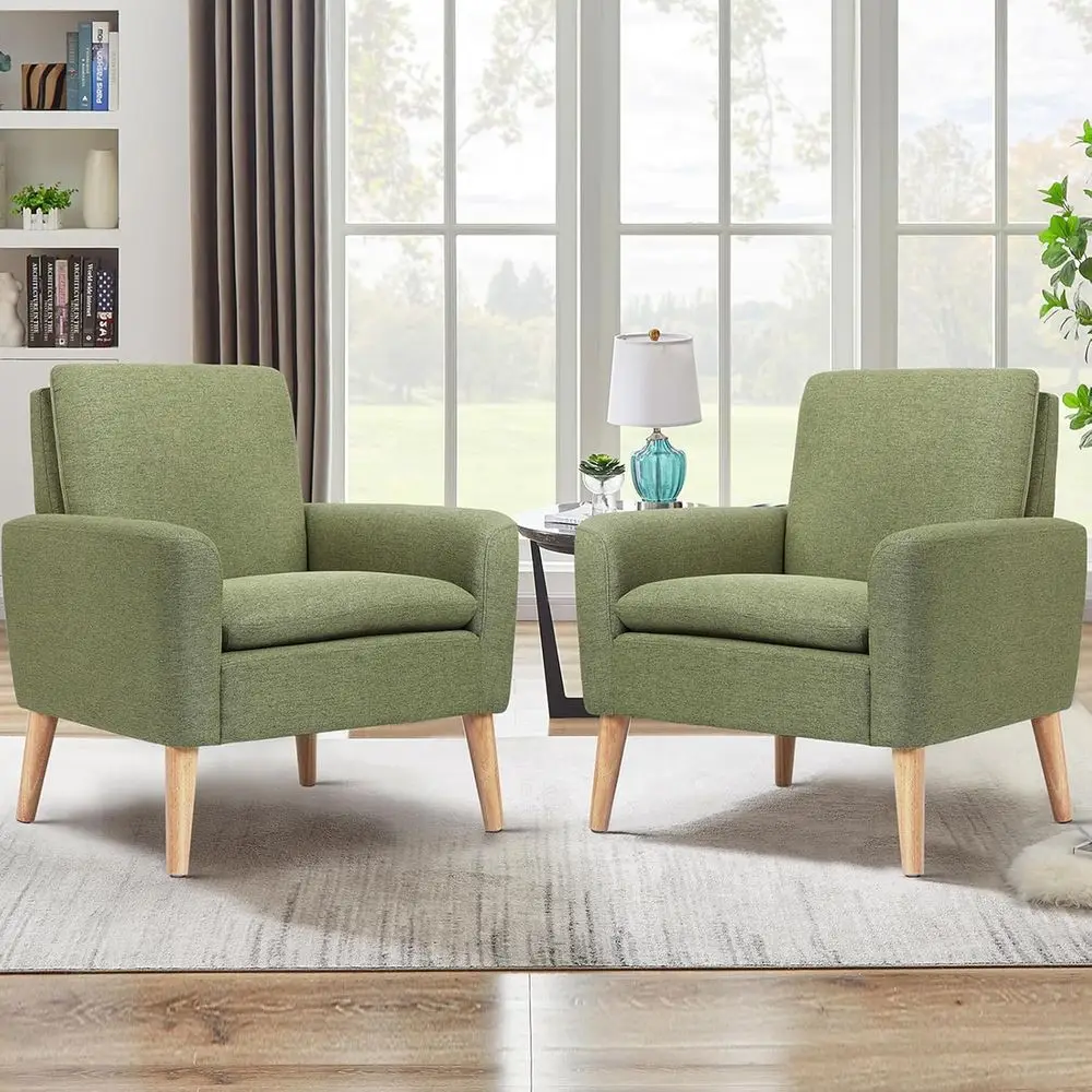 

Pair of Modern Century Style Upholstered Fabric Club Chairs - Green for Living Room, Bedroom, Office, or Small Apartment