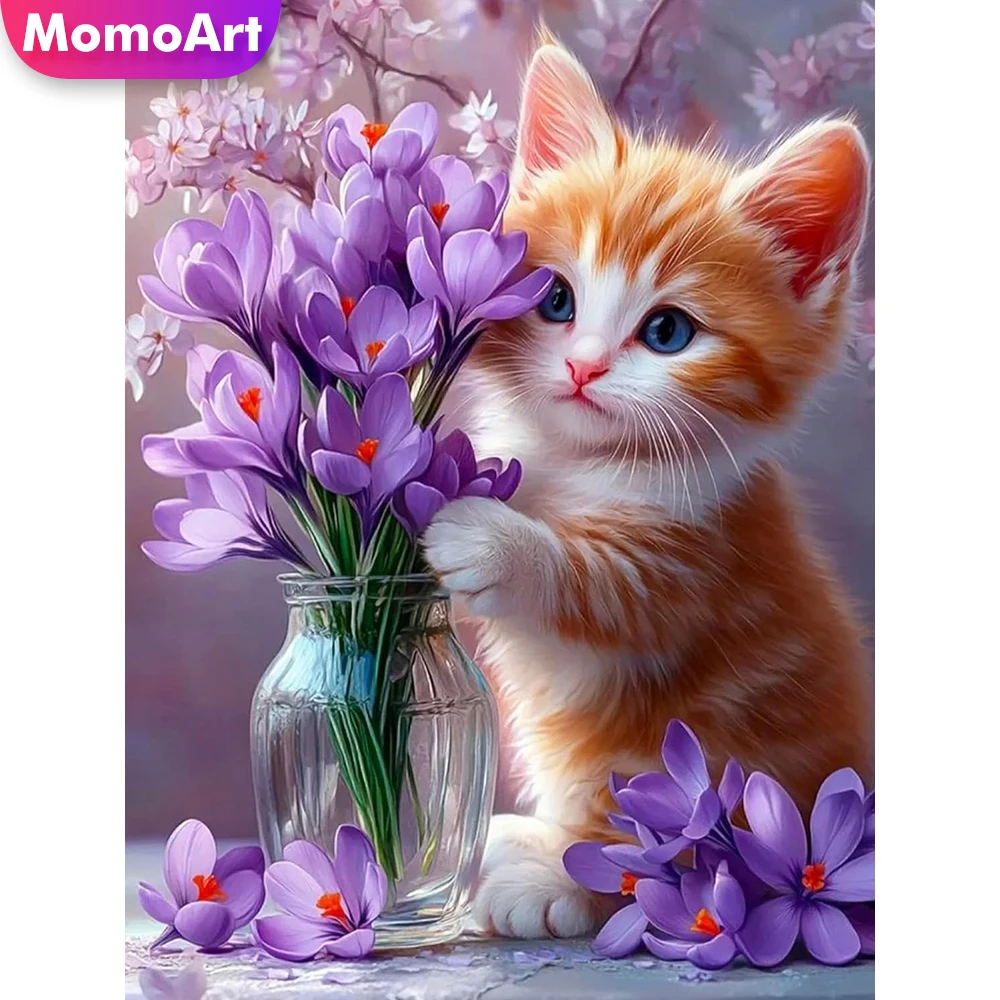 Momoart Vollquadratische und runde Diamantmalerei, Katze, Tier, DIY, Diamantmosaik, Blumenvase, Acryl-Bastelbedarf, Weihnachtsgeschenke