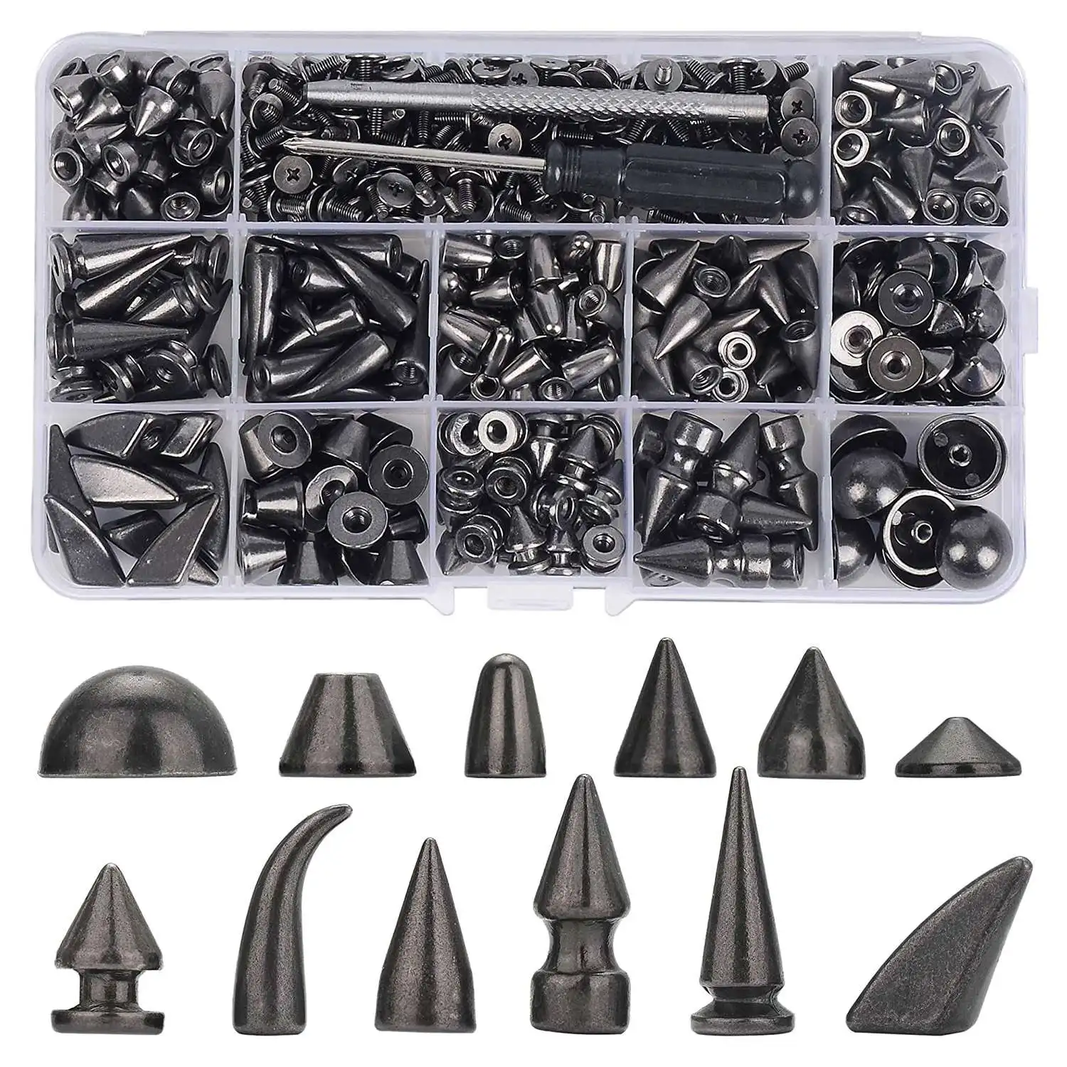 

270 Sets Mixed Shape Spikes and Studs Metal Screw Cone Studs and Spikes Rivet Kit for Leather Craft Clothing Shoes