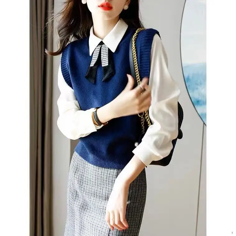 

Женский шерстяной жилет Bule: осенний вязаный свитер, верхняя одежда для многослойных образов, модный повседневный стиль, со шнурком, с вставками, стандартный крой