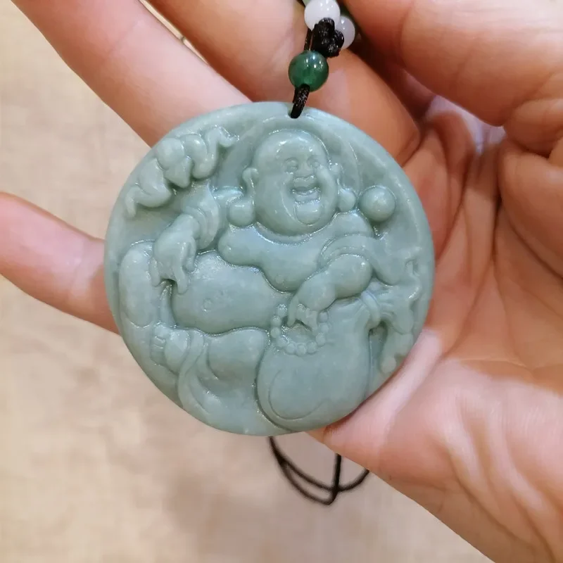 

Natural Light Green Hand Carved Buddha Jade Pendant, Fashionable Boutique Jewelry, Men's and Women's Laughing Buddha Necklace