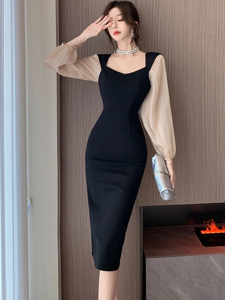 Autumn Winter Black Patchowrk White Long Sleeve Midi Dress Square Collar Casual Backless Dress 2024 Women Korean Elegant Dresses