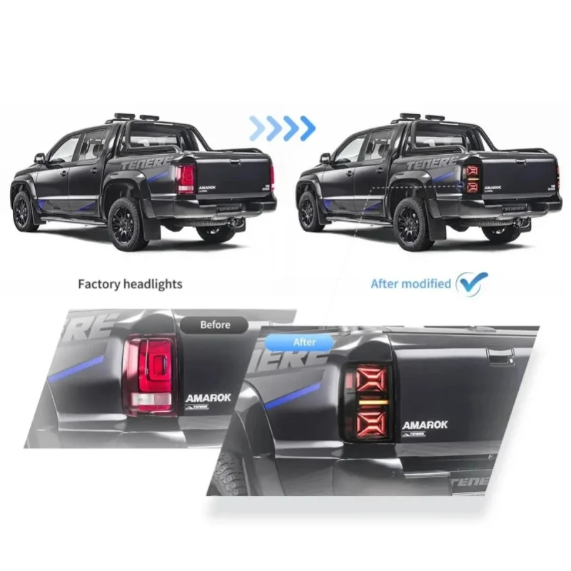 2 Stück getönte LED-Rückleuchten für VW Amarok 4MOTION Pickup 2010-2022, dynamische Animation, Blinker, DRL, Brems- und Rückfahrleuchte, direkte Montage, Plug-and-Play, IP67 wasserdicht.