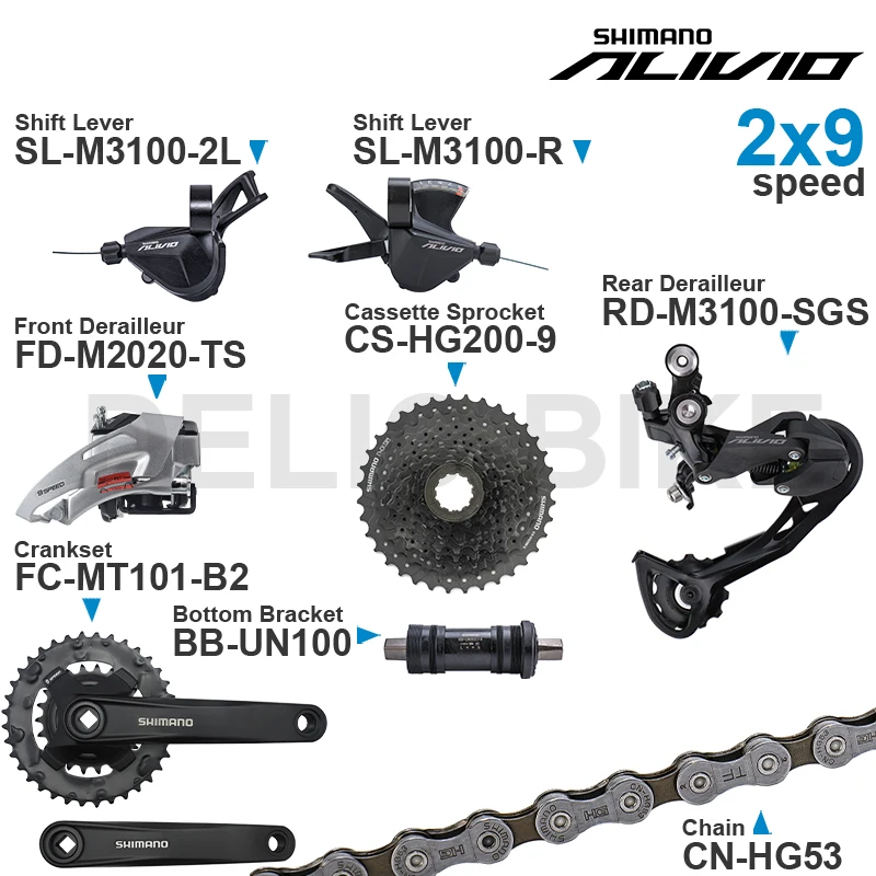 SHIMANO ALIVIO M3100 2x9 Speed Groupset with Shifter REAR and M2020 Front DERAILLEUR HG200 Cassette Sprocket COG Chains