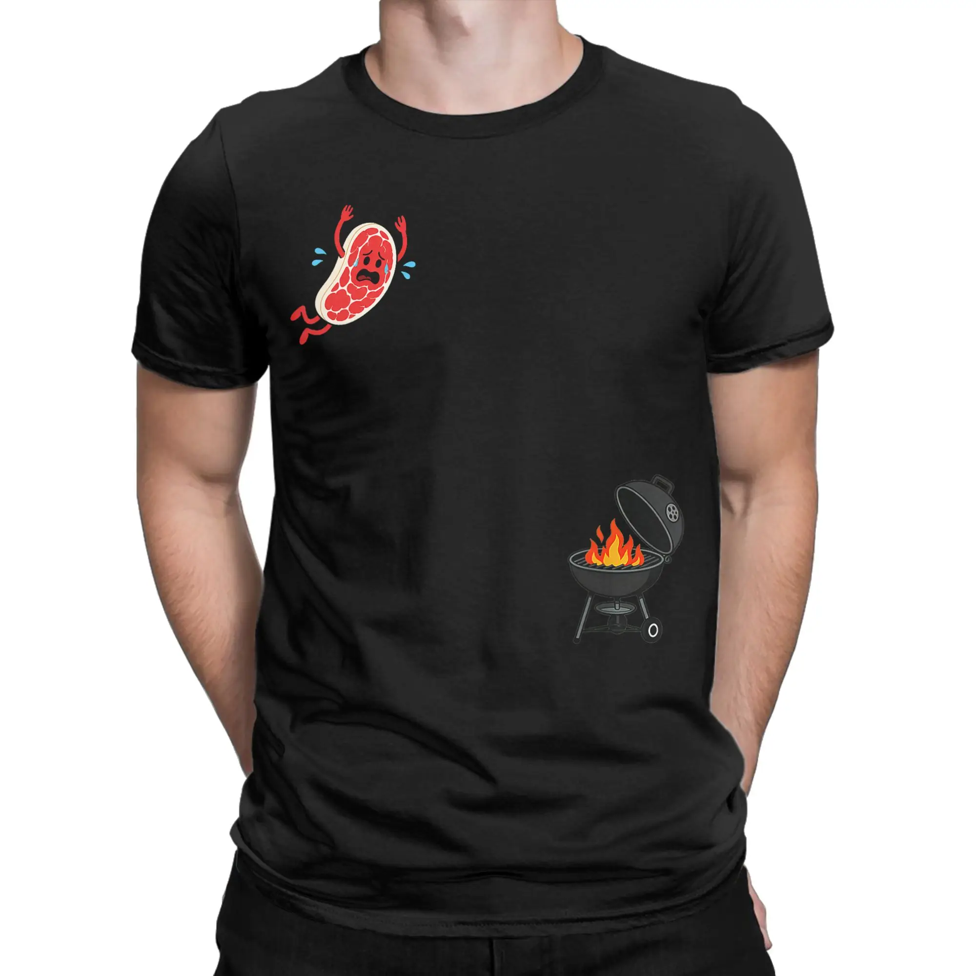 BBQ Steak Meme Cute Meat Jumping Into Grill Men's T Shirt  Awesome Tees Short Sleeve O Neck T-Shirt Cotton New Arrival Clothes