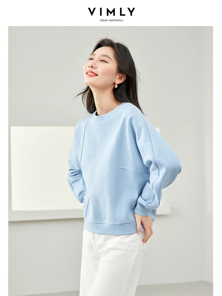 Vimly Light Blue Lazy Style O-neck Sweatshirt Women\'s Long Sleeve Top 2024 Spring Cotton Casual Loose Pullovers Clothing M5900