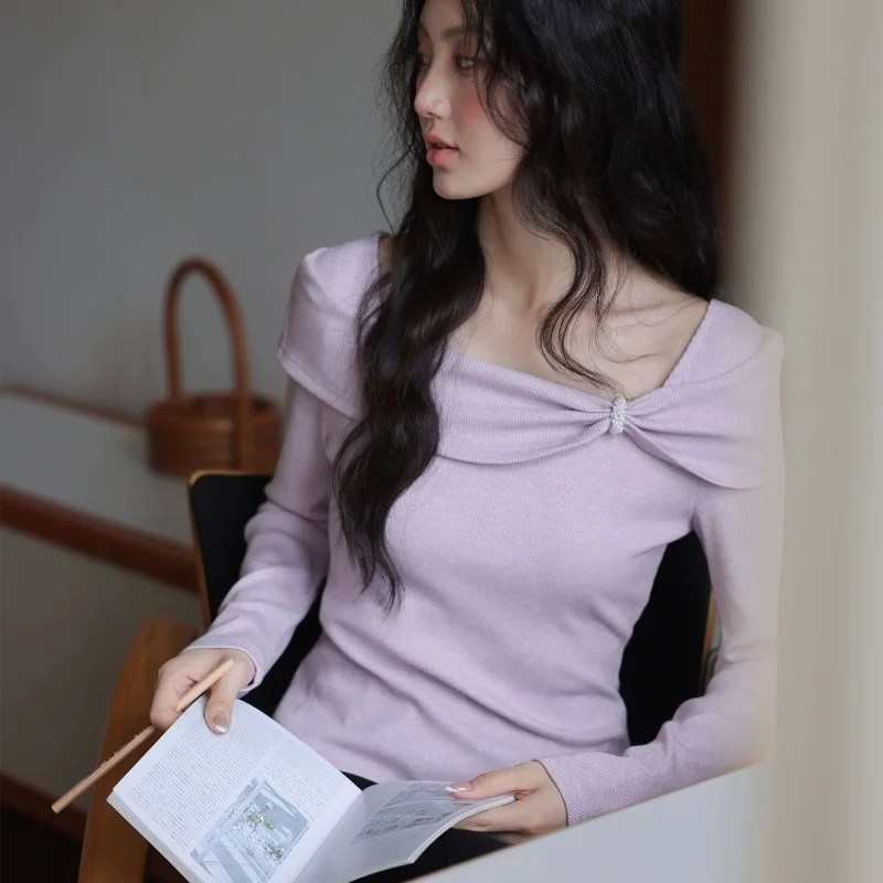 

Новая нижняя рубашка, осенний фиолетовый топ, приталенный свитер с квадратным вырезом для женщин