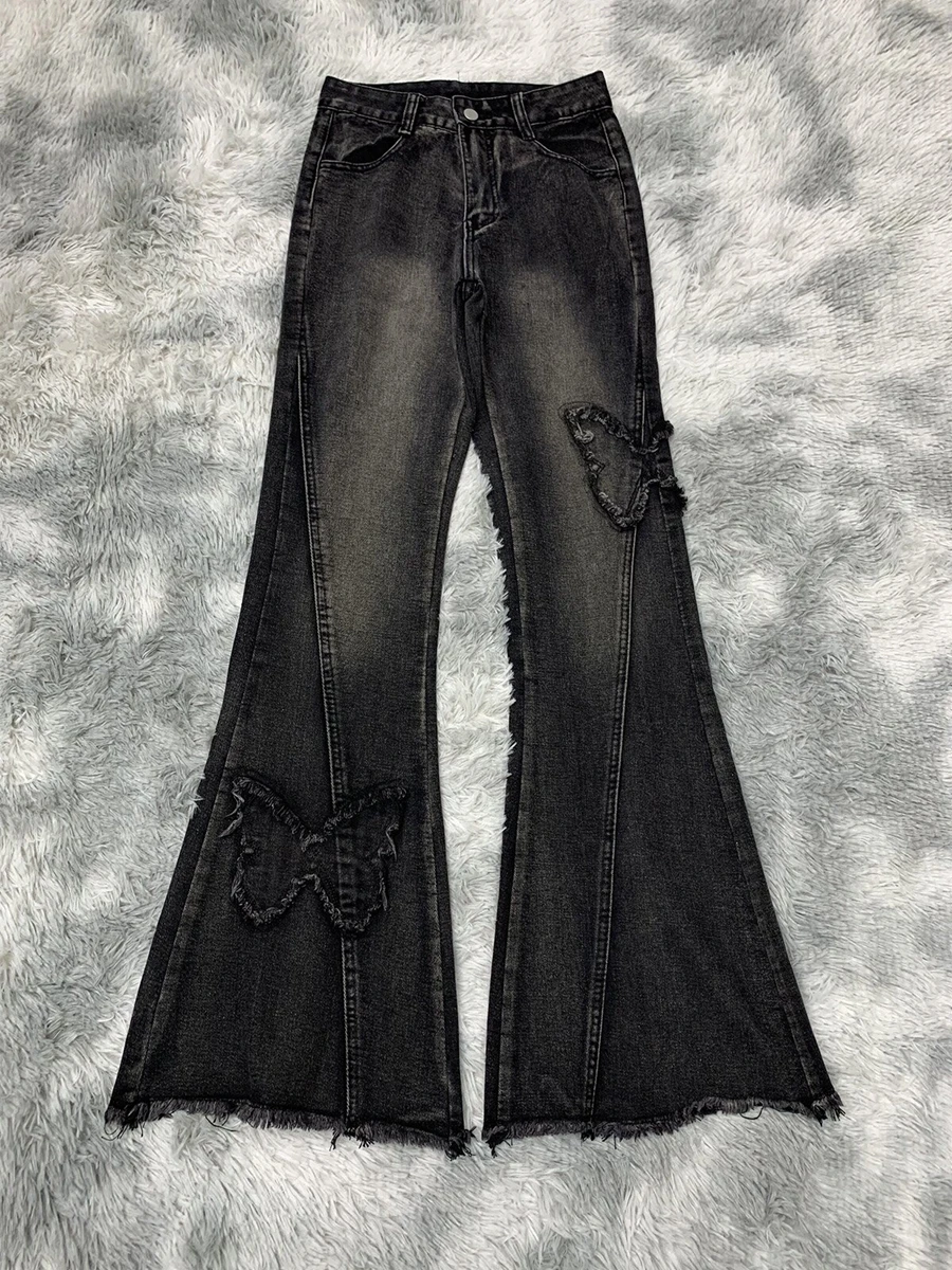 Oversized Retro Micro Flared Jeans for Women Autumn American Butterfly Embroidery Design Long Pant Y2k High Waist Pants