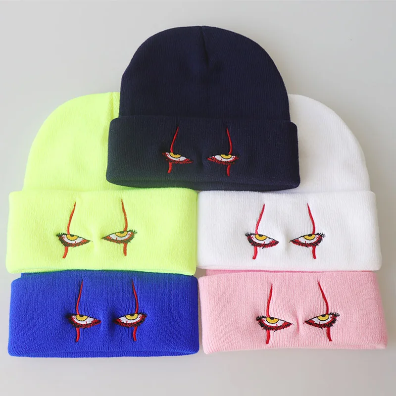 Winter Embroidered Woolen Beanies Hat Scary Clown Eyes Cosplay Knitted Outdoor Warm Female Hip Hop Sport Ski Fashion Ski Cap