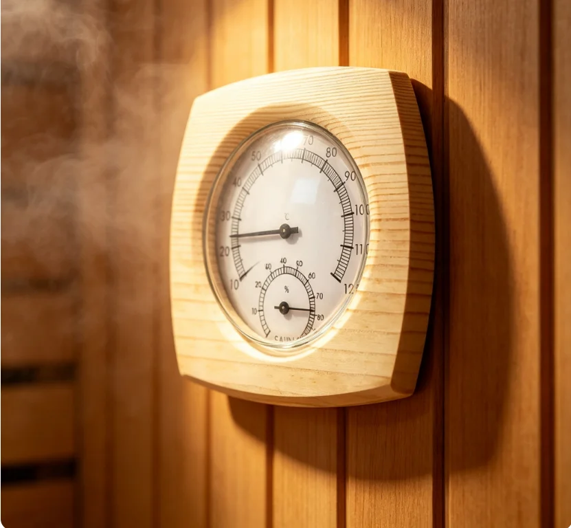 Sauna Thermometer and Hygrometer Constructed from Hard Wearing Wood for Long Term For Indoor Climate Monitoring Use
