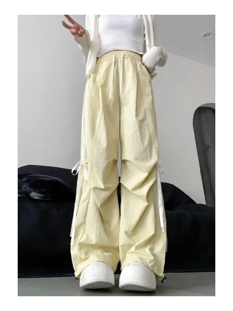 Milk yellow bow work pants women\'s summer 2024 new Korean high waisted slimming quick drying parachute wide leg pants