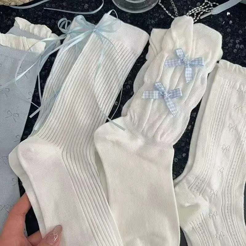 5 Paar Damen-Socken mit Schleifen-Accessoires, modische, niedliche Mid-Tube-Socken im Lolita-Stil, weich, bequem, atmungsaktiv, für alle Jahreszeiten, Freizeitsocken – Detail 4