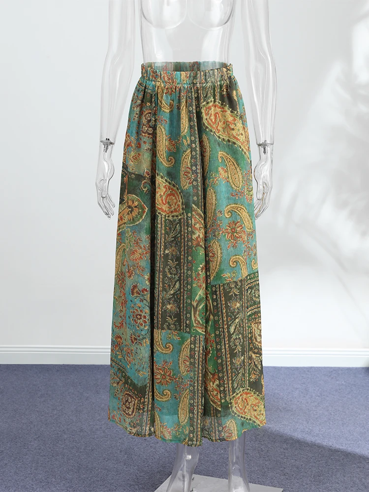 Asymmetrischer, kaskadierender Rüschenrock mit Print, langer Rock für Damen, hohe Taille, Hüftbetonung, seitlicher Schlitz, charmanter Damenrock für Club- und Party-Outfits, neu. – Detail 5