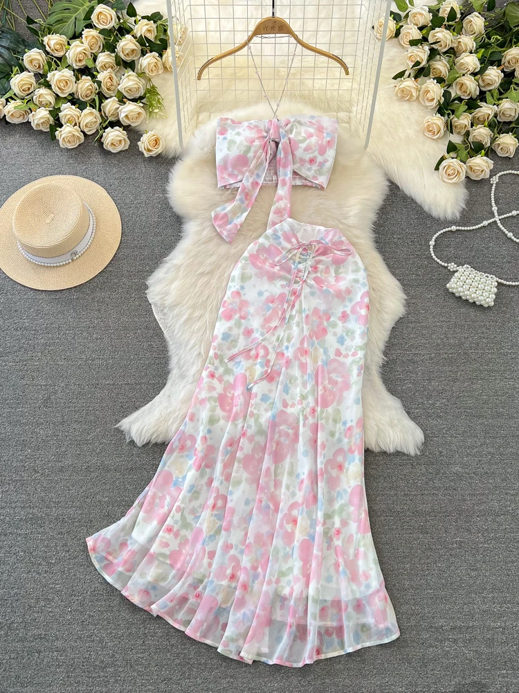 Women Sexy Beach Two Piece Set Summer Strapless Vest Tank Top High Waisted Fishtail Floral Chiffon Skirt Boho Printed Suits