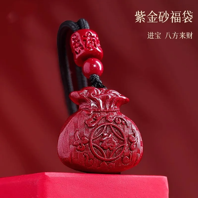 Real Money Pendant, A Lucky Charm In A Silk Pouch, With A Hand-Woven Cord Made Of Purple And Gold-Colored Cinnaba