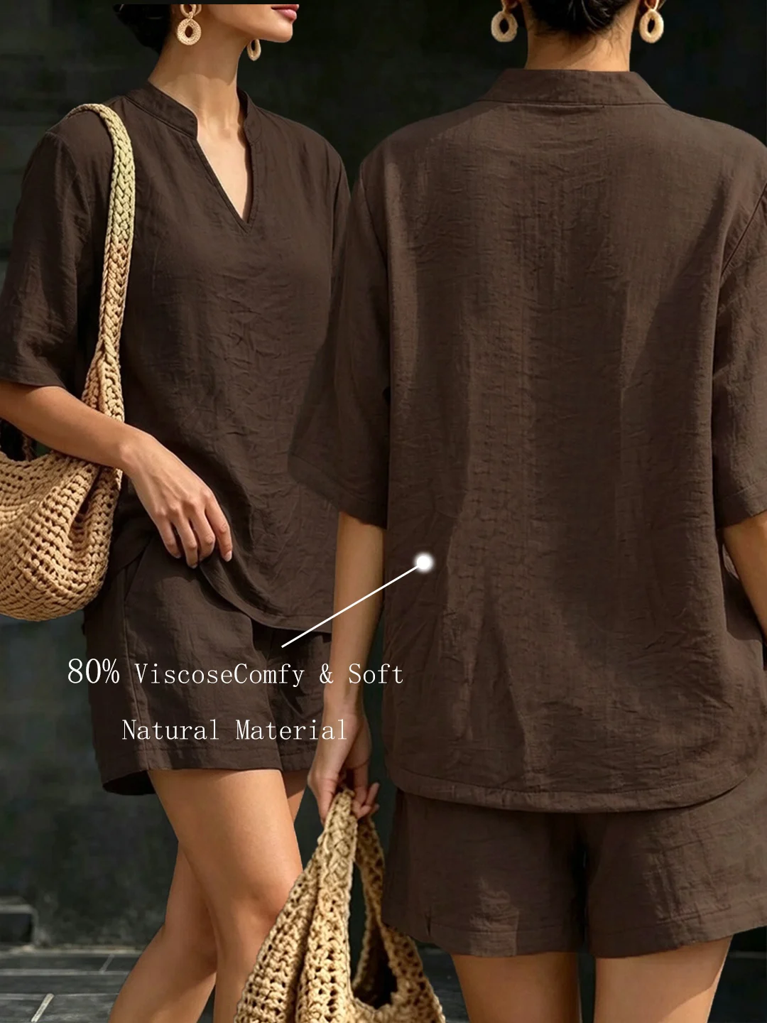 Women Solid V‑Neck Stand Collar Two‑Piece Outfit, Elbow Sleeve Top & Loose Shorts With Side Pockets Vacation Casual Set