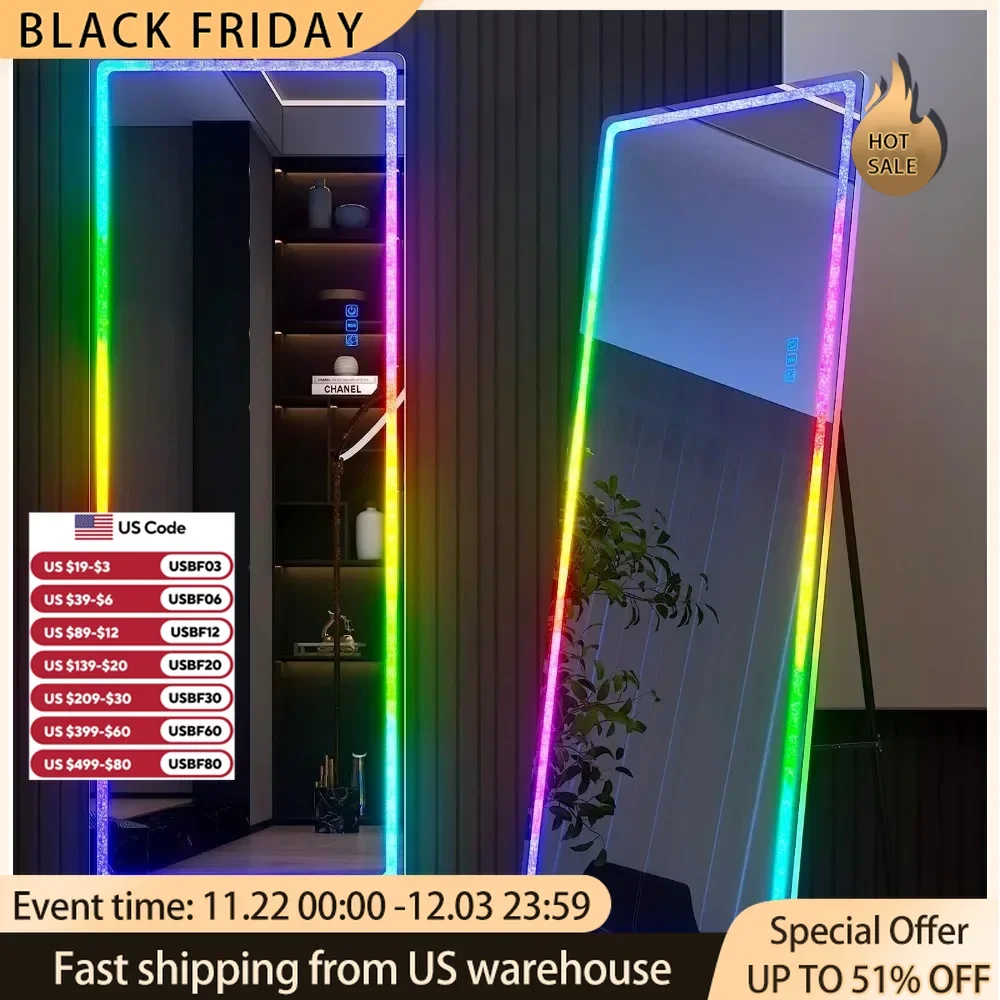 LED Lights, Full Body RGB Lighted Mirror with Crushed Diamond, Free Standing Floor Mirror, Wall Mounted Mirror, 7 Color Dimmable