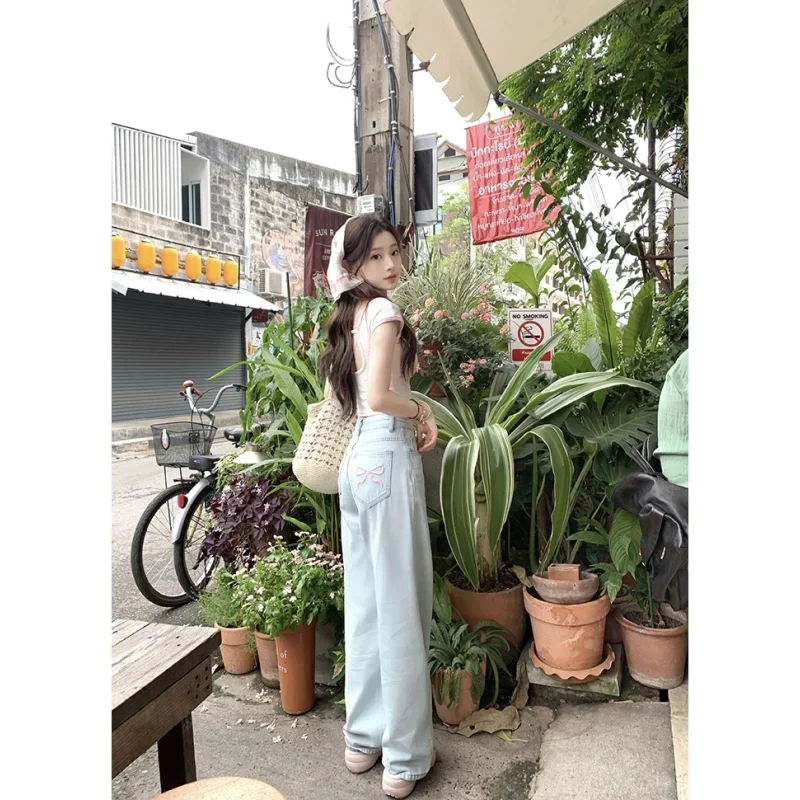 Blue Y2K Jeans for Women Korean Clothes American Street Wide Leg Pants Embroidery Vintage Straight Summer Baggy Jeans Trousers