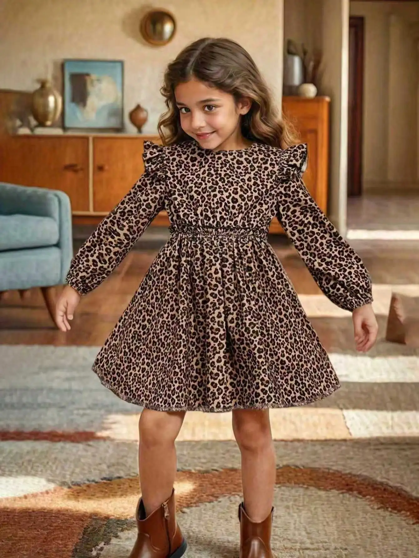 Elegantes, vielseitiges Kleid mit Leopardenmuster und langen Ärmeln für Mädchen, aus schmalem Strickstoff mit ausgestellten Rüschenkanten-Details. – Detail 7