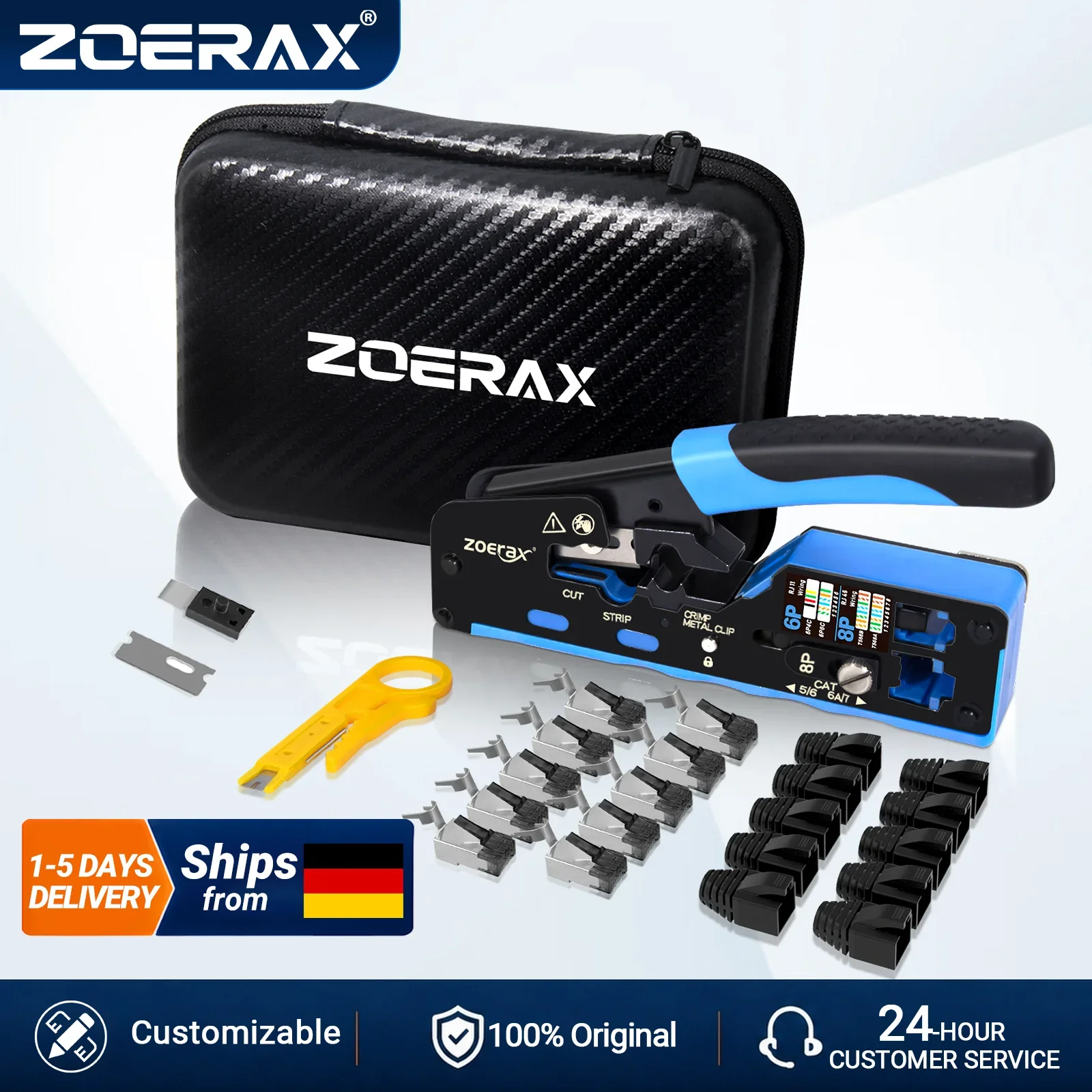 ZoeRax RJ45 CAT7 CAT6A Crimpwerkzeug-Set, verstellbares Crimpwerkzeug, 10 Steckverbinder, Zugentlastungshülsen für verseilige und massive Kabel