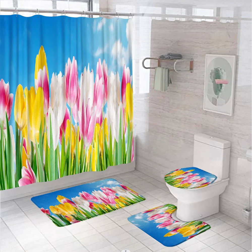 Watercolor Tulip Floral Shower Curtain Sets Non-Slip Carpet Rug Toilet Cover Bath Mat Pink Flowers Art Fabric Bathroom Curtains