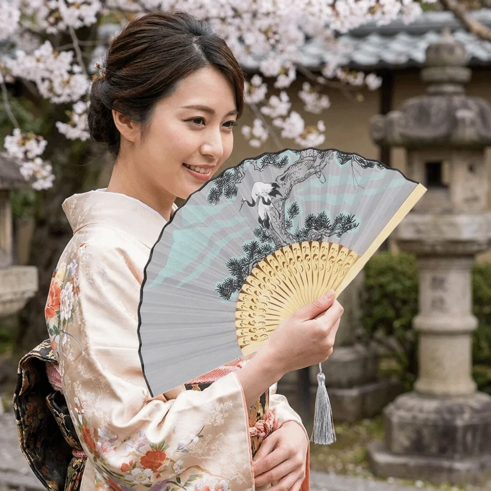 7-Inch Ancient Style Folding Fan Classical Handmade Hand Cranked Fan Traditional with Tassels Chinese Fan Performance