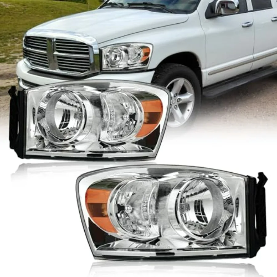 

for 2006-2008 Dodge Ram 1500 2500 3500 Headlights Assembly Compatible 2007 2009 with Halogen Headlamps Amber Reflector Chrome H