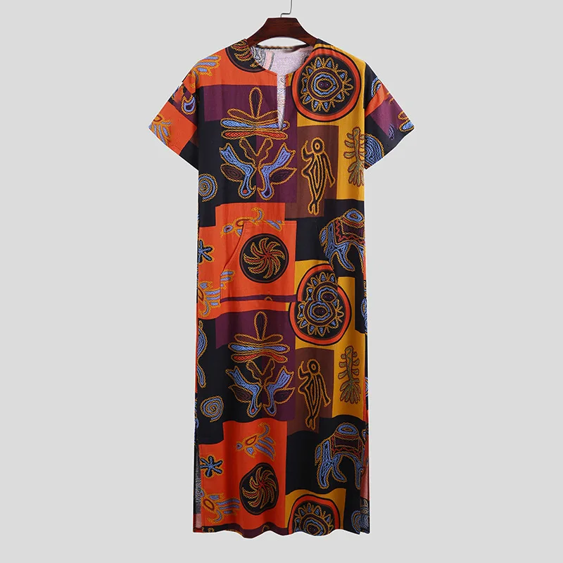 Muslim Men Summer 2023 Casual Printed Long Short Sleeved Robe Dubai Robe for Men