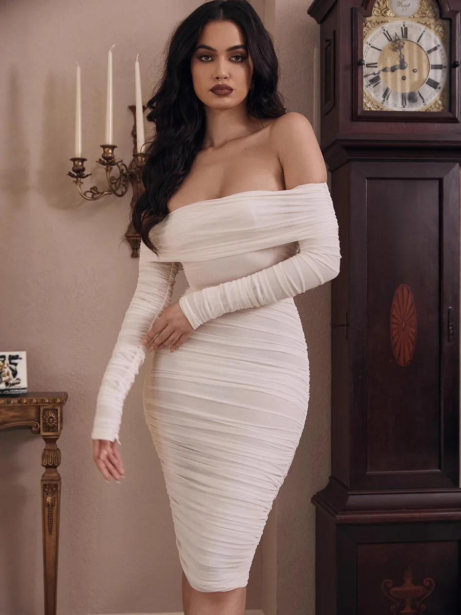 Articat メッシュシアーオフショルダーミディパーティードレス女性春エレガント長袖シャーリングボディコンドレスホワイトバックレス Vestidos