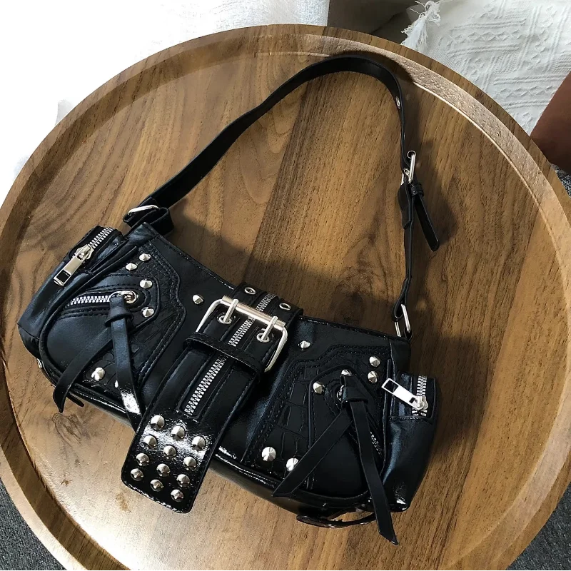 

Women Underarm Bag Multi-pocket Motorcycle Crossbody Bag Luxury Shiny Leather With Belt Buckle Design Adjustable Shoulder Strap