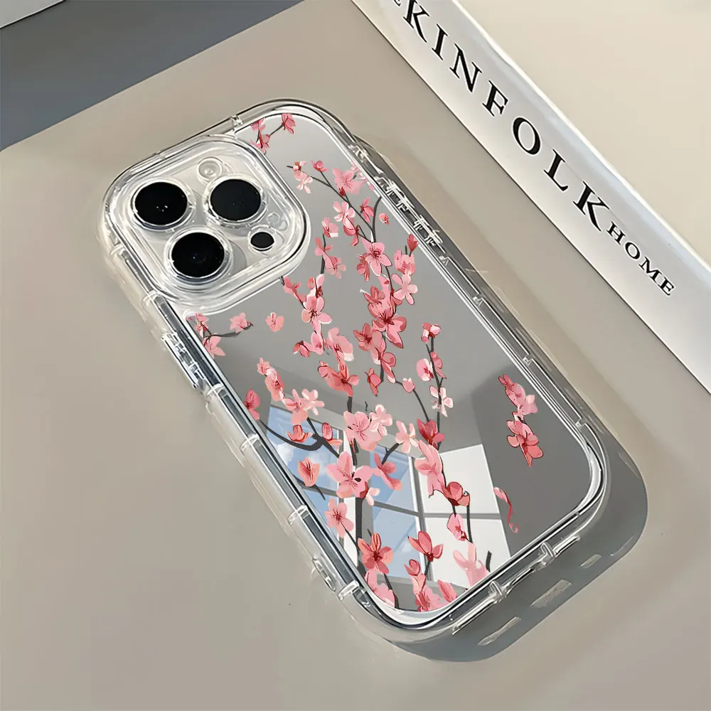Pink Cherry Flower Pattern Back Mirror Phone Case For iPhone 17 16 Pro Max 15 14 13 12 11 Pro Air X XR XS Plus Shockproof Cover