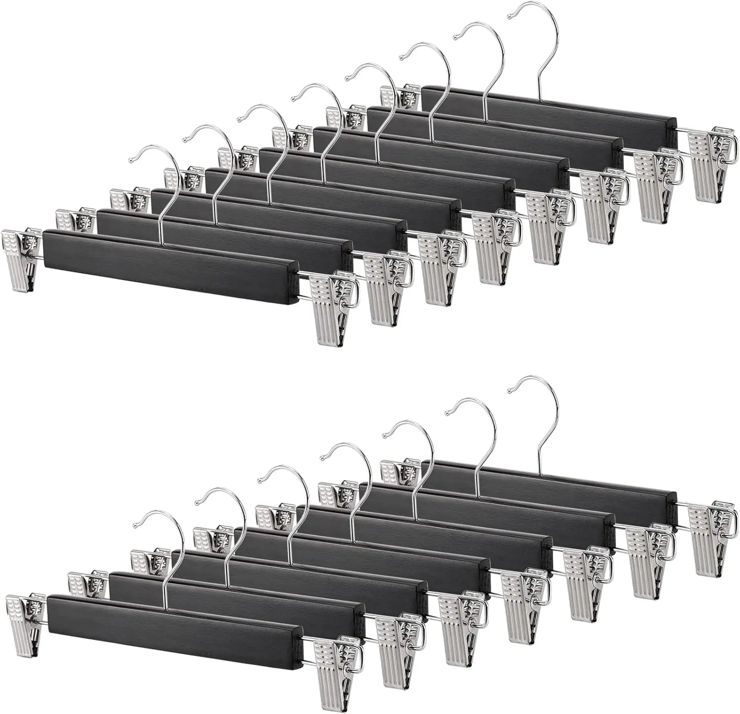 

Набор из 15 деревянных вешалок 14 дюймов с зажимами для брюк, юбок, джинсов - черные