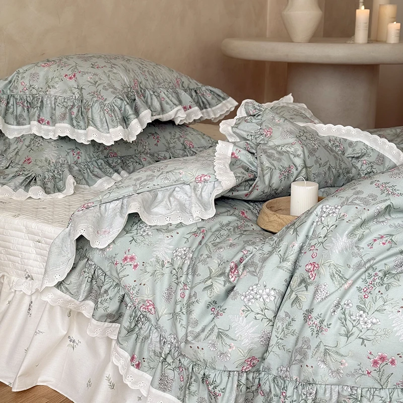 100% Cotton French Pastoral Flowers Print Ruffles Princess Bedding Set Duvet Cover Quilted Bedspread Bed Skirt Pillowcases 4Pcs