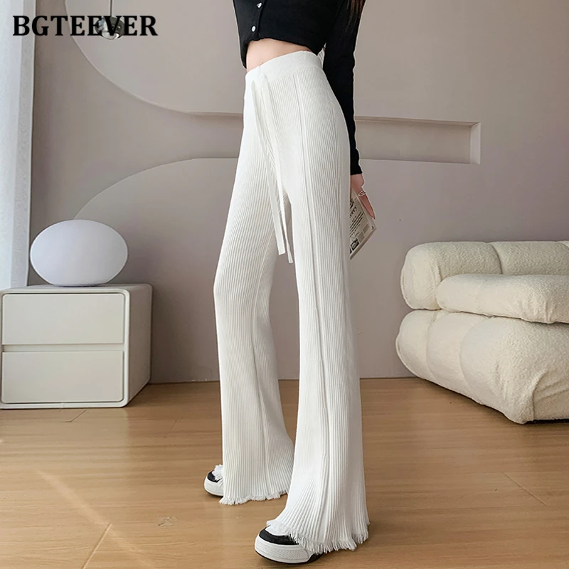 BGTEEVER Chic Fashion Autumn Winter Loose Female Tassels Knitted Wide Leg Trousers Casual High Waist Ladies Solid Sweater Pants