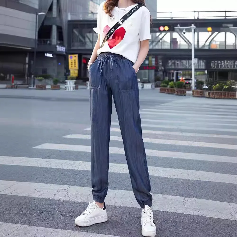 Calça Harlan de cintura alta de seda gelo feminina, jeans casual solto, elástico na cintura, comprimento do tornozelo, versátil, verão, novo, fino, 2024