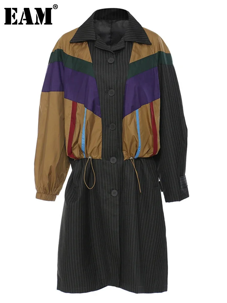 

[EAM] Women Striped Drawstring Big Size Long Trench New Lapel Long Sleeve Windbreaker Fashion Tide Spring Autumn 2024 1DE6989