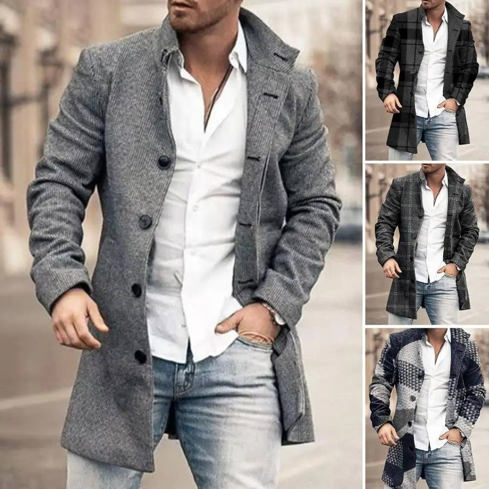 Men Overcoat Plaid Single-breasted Turndown Collar Long Sleeves Slim Mid-length Jacket Coat Warm Pockets Trench Coat