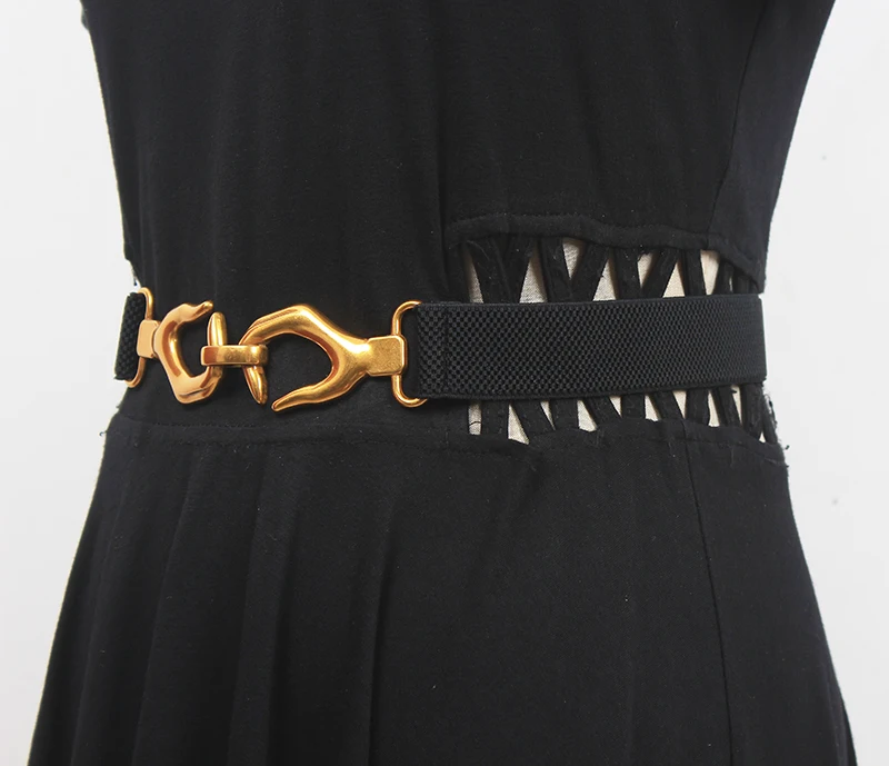 Women's Runway Fashion Gold Silver Buckle Elastic Cummerbunds Female Dress Corsets Waistband Belts Decoration Narrow Belt R1932