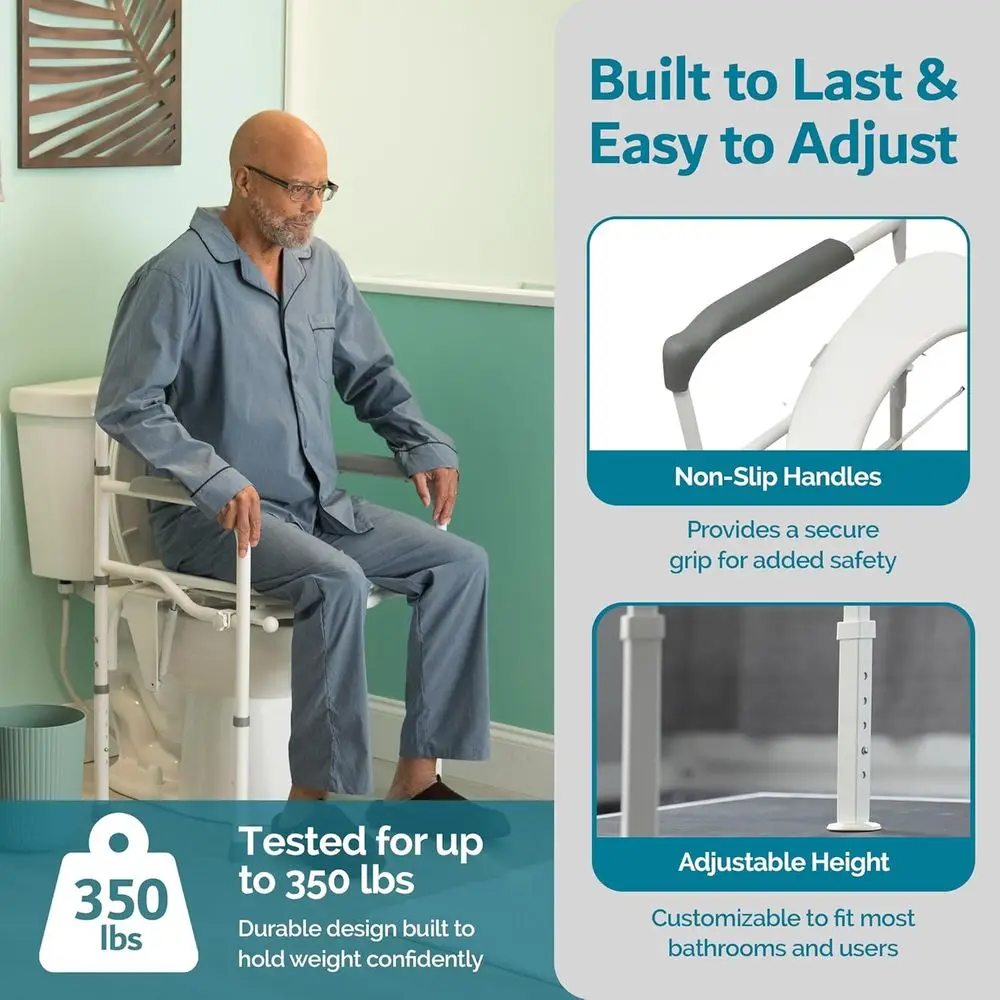 كرسي رفع المرحاض S3 المعتمد من إدارة FDA: يدعم ما يصل إلى 350 رطلًا، وتعديل سهل الارتفاع، ويقلل من مخاطر السقوط، وإعداد لمدة دقيقة واحدة