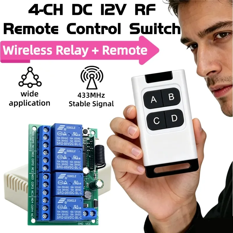 433MHz Universal Wireless Remote Control AC 9-30V 12V 10A 4CH Relay Receiver Module RF Switch for Gate Garage Opener