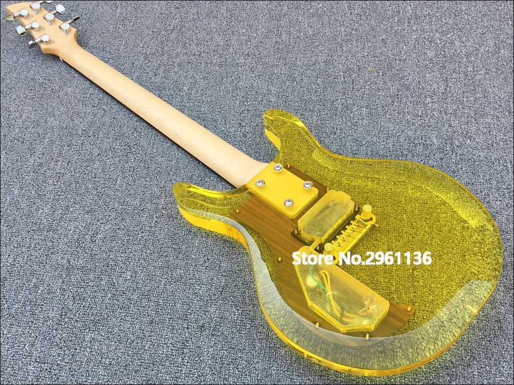 Yellow 6 Strings Dan Armstrong Plexi Crystal Electric Guitar Acrylic Body Maple Neck Rosewood Fretboard Wrap Around Tailpiece