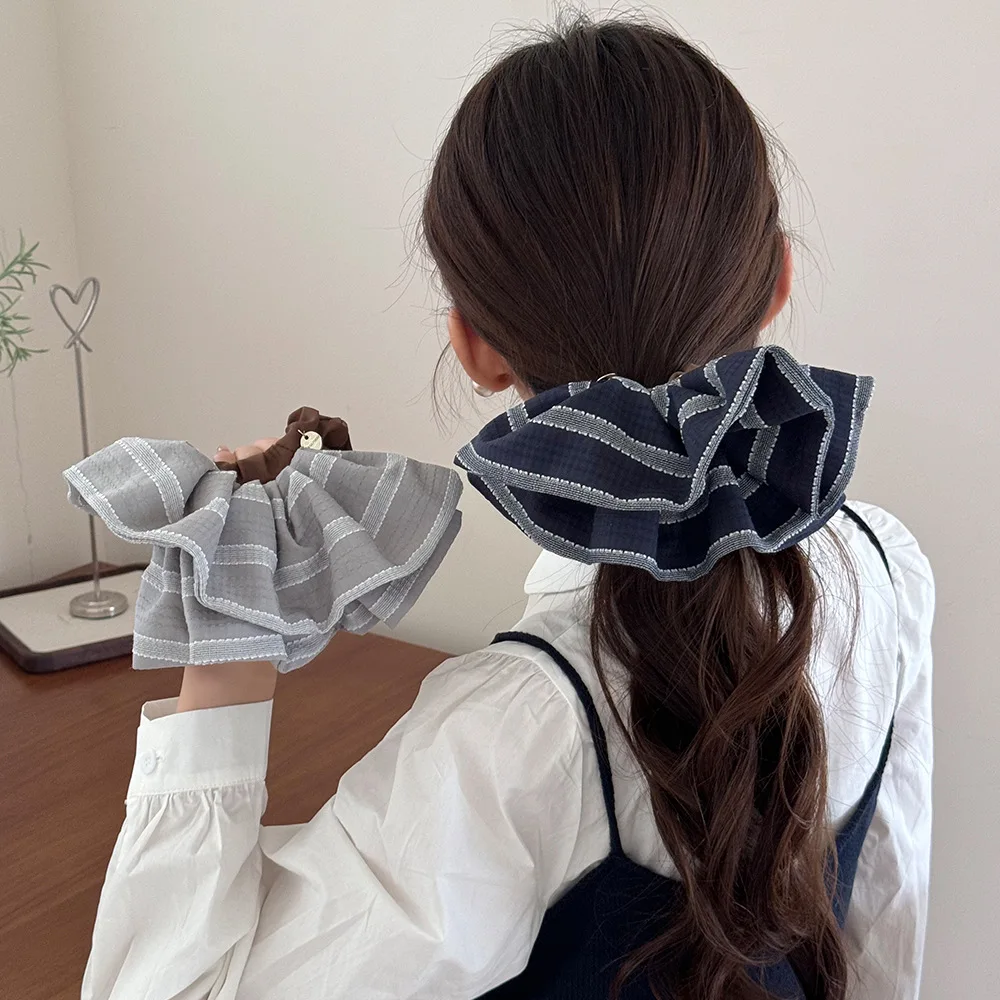 رباط شعر كبير مخطط بتصميم كوري على شكل ذيل حصان مطاطي مرن للنساء والفتيات ربطة عنق scrunchie أزياء كلاسيكية رائدة على الموضة kpop