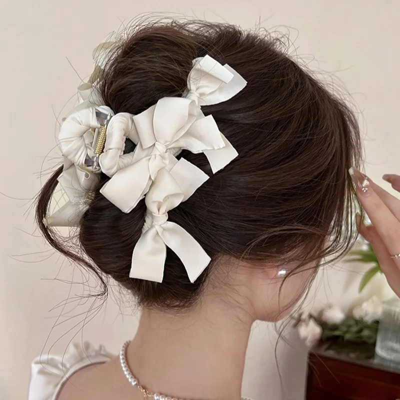 1pc Korean elegant and cute bow clip, new high-end style, large hair volume, shark clip, back of the head disc hair clip