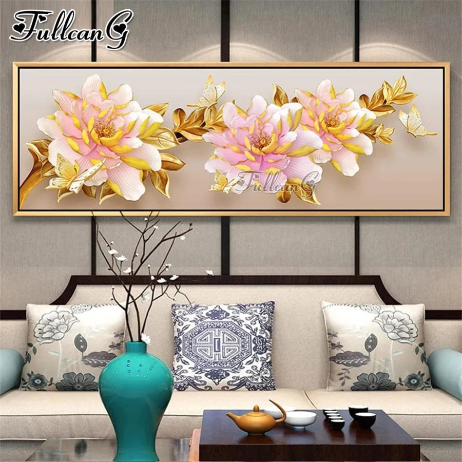 Diy Diamonds Embroidery Golden Leaves Mosaic Painting Cross Stitch Kits Large Size Pink Flowers Rhinestone Picture Decor AA3893