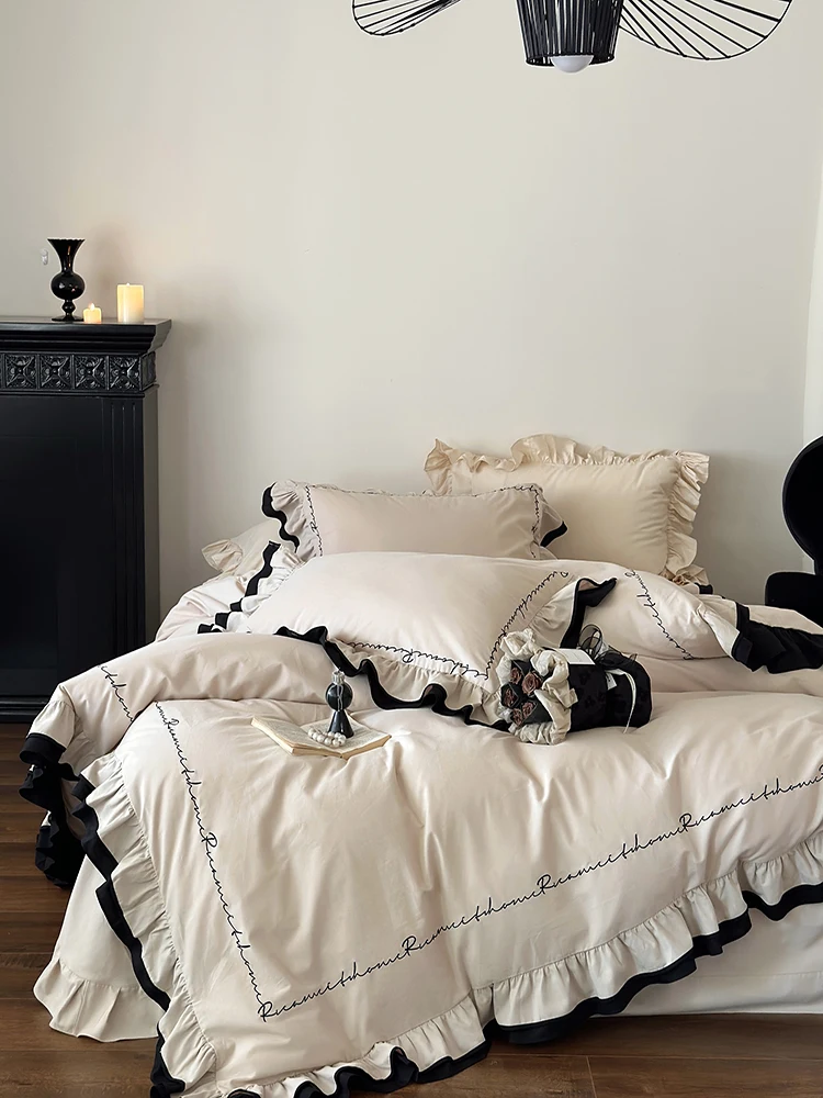 

Romantic Princess Style Pure Cotton Lace Embroidery Bedding Set Girls Bed Sheet with Quilt Cover And Pillowcases French Style