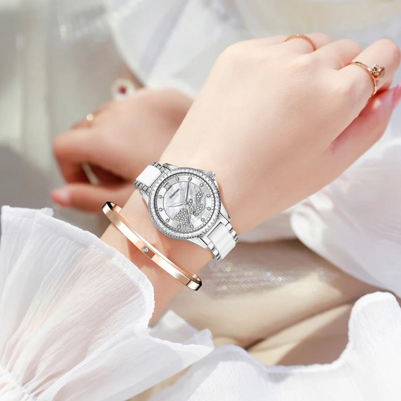 ROMITIME Women Quartz Watch Luxury LOVE-Inspired Pattern Calendar Ceramic-Steel Bracelet 30M Waterproof Luminous Lady Clock