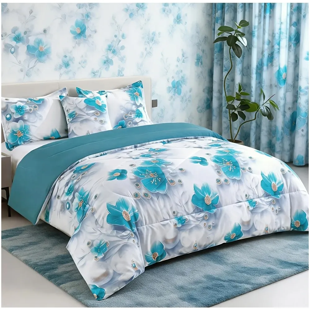

Teal Floral Gradient Comforter Set – Oil Painting Style Botanical Design, Soft Microfiber Bedding for Twin/Queen/King Beds, Lightweight & Breathable All-Season Quilt Set, Bed-in-a-Bag Home Decor, Family-Friendly Gift Option