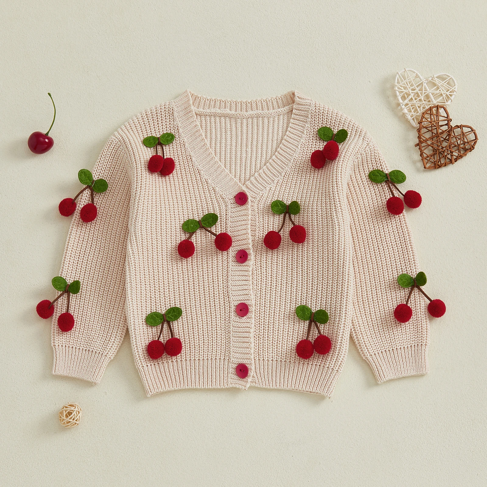 

Кардиган для маленьких девочек, свитер с вишневым декором, вязаные топы на пуговицах с v-образным вырезом и длинными рукавами, вязаная куртка, осенне-зимняя верхняя одежда